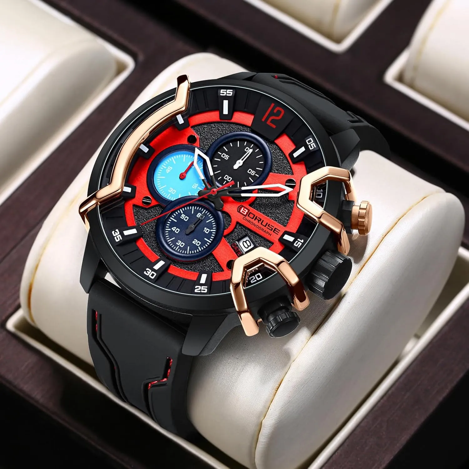 Men Red Chronograph contributor loder migratory Unique Dress Watch Fashion Mens Waterproof Calendar Silicone Strap Man Analog Wristwatch Quartz Watches for 