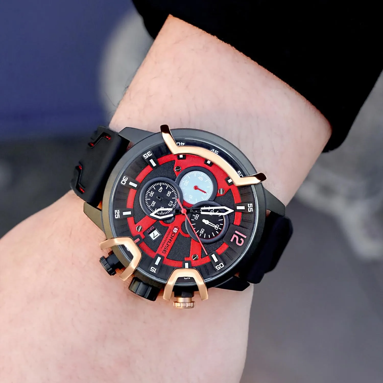 Men Red Chronograph contributor loder migratory Unique Dress Watch Fashion Mens Waterproof Calendar Silicone Strap Man Analog Wristwatch Quartz Watches for 