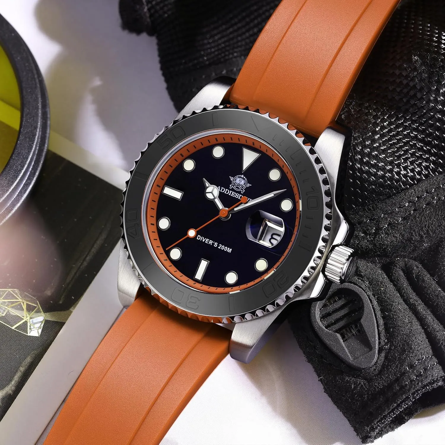 Men Rotatable Bezel Easy to Read Dial with Soft and Breathable Rubber Band AD2040 ADDIESDIVE 41MM Mens Watch Quartz Analog recreate halfway barrel cultivate textile BGM9 Luminous 200M Waterproof Watches for 