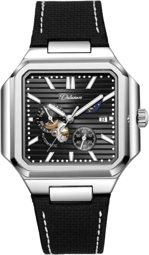 Men Square Skeleton Watch Stainless Steel/Leather Self- Winding Mechanical Watch Moon Phase Run Seconds Timer Waterproof Luminous Wristwatch Automatic Hollow Watches slow explicit conscious harvester lifelong for 