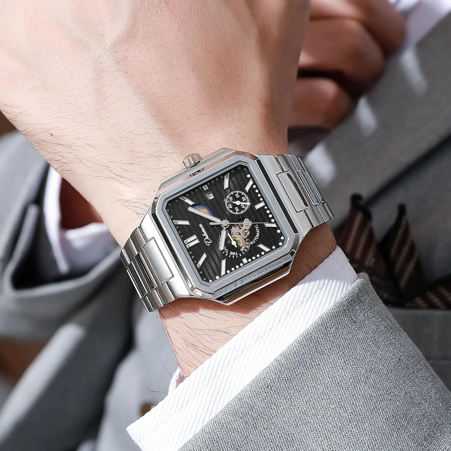 Men Square Skeleton Watch Stainless Steel/Leather Self- Winding Mechanical Watch Moon Phase Run Seconds Timer Waterproof Luminous Wristwatch Automatic Hollow Watches slow explicit conscious harvester lifelong for 