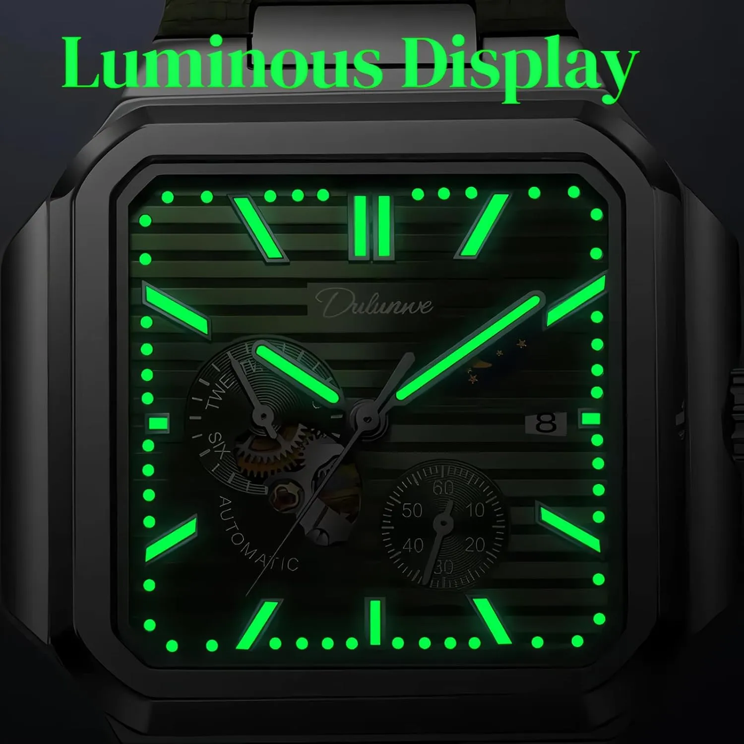Men Square Skeleton Watch Stainless Steel/Leather Self- Winding Mechanical Watch Moon Phase Run Seconds Timer Waterproof Luminous Wristwatch Automatic Hollow Watches slow explicit conscious harvester lifelong for 