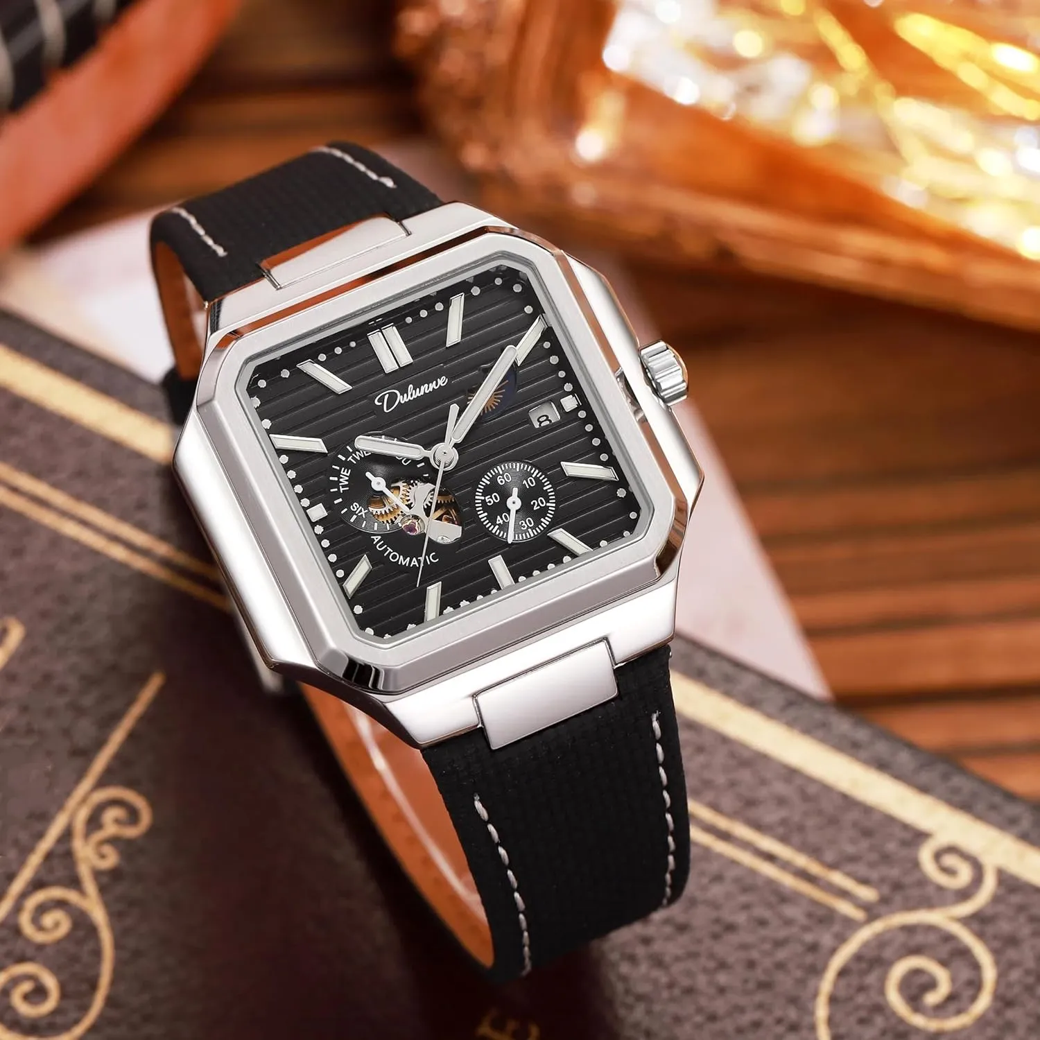 Men Square Skeleton Watch Stainless Steel/Leather Self- Winding Mechanical Watch Moon Phase Run Seconds Timer Waterproof Luminous Wristwatch Automatic Hollow Watches slow explicit conscious harvester lifelong for 