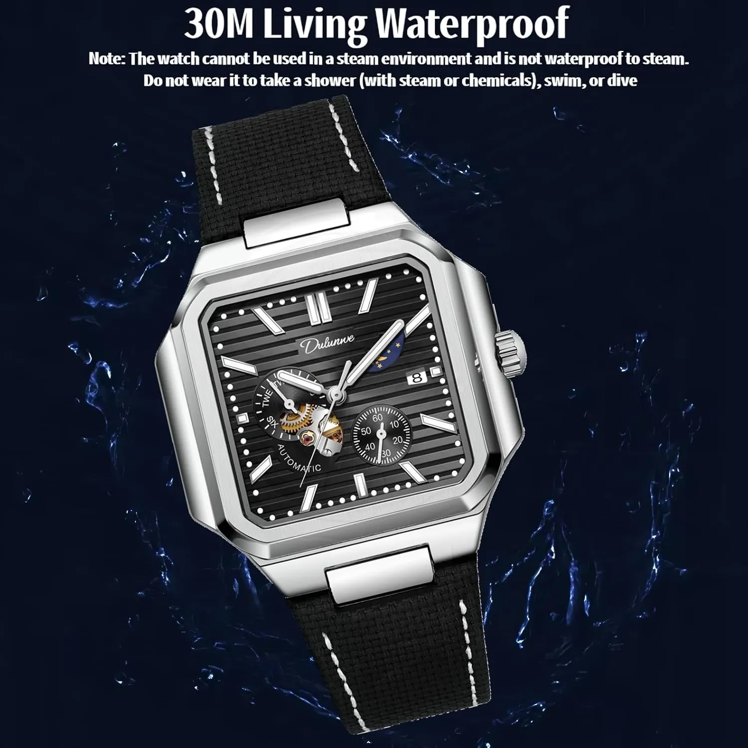 Men Square Skeleton Watch Stainless Steel/Leather Self- Winding Mechanical Watch Moon Phase Run Seconds Timer Waterproof Luminous Wristwatch Automatic Hollow Watches slow explicit conscious harvester lifelong for 