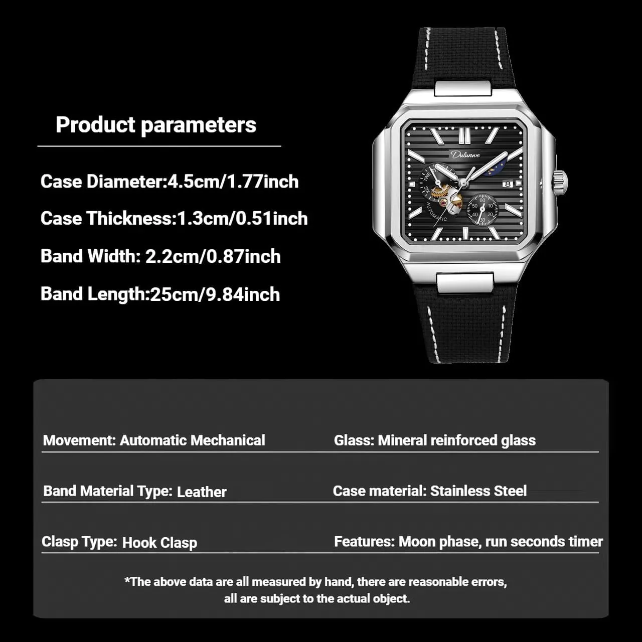Men Square Skeleton Watch Stainless Steel/Leather Self- Winding Mechanical Watch Moon Phase Run Seconds Timer Waterproof Luminous Wristwatch Automatic Hollow Watches slow explicit conscious harvester lifelong for 
