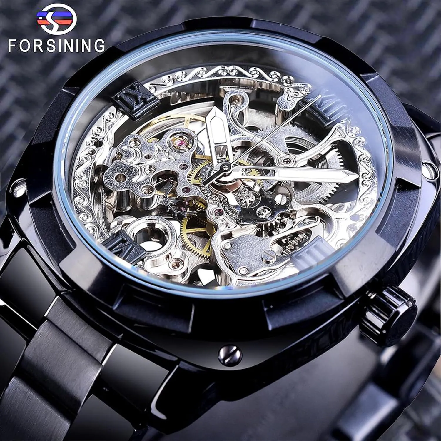 Men Watches FORSINING Men's Luxury Skeleton Watch, Carving Hollow 41mm Big Dial with Square Bezel Wristwatch, weaken Self-wind Automatic Mechanical 