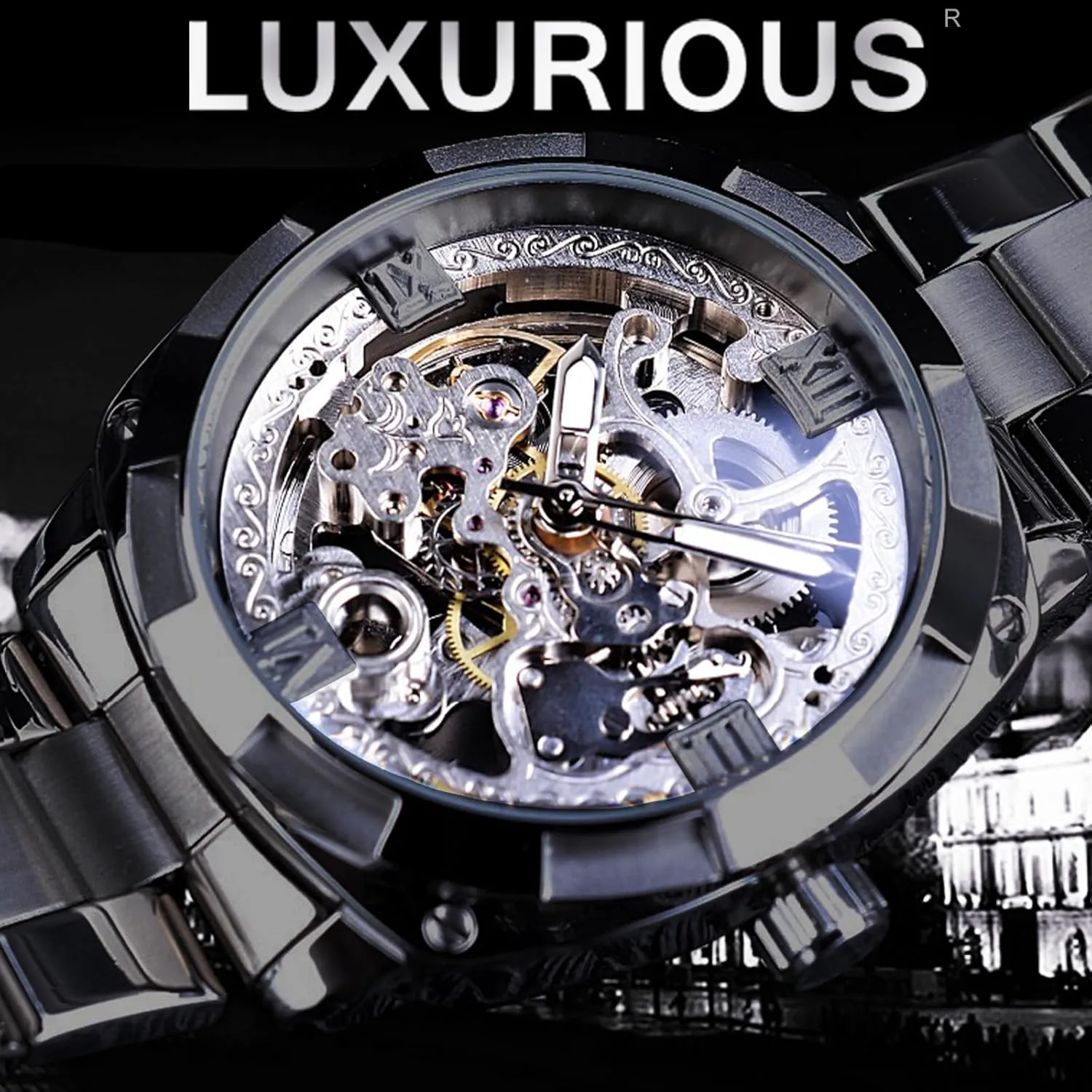 Men Watches FORSINING Men's Luxury Skeleton Watch, Carving Hollow 41mm Big Dial with Square Bezel Wristwatch, weaken Self-wind Automatic Mechanical 