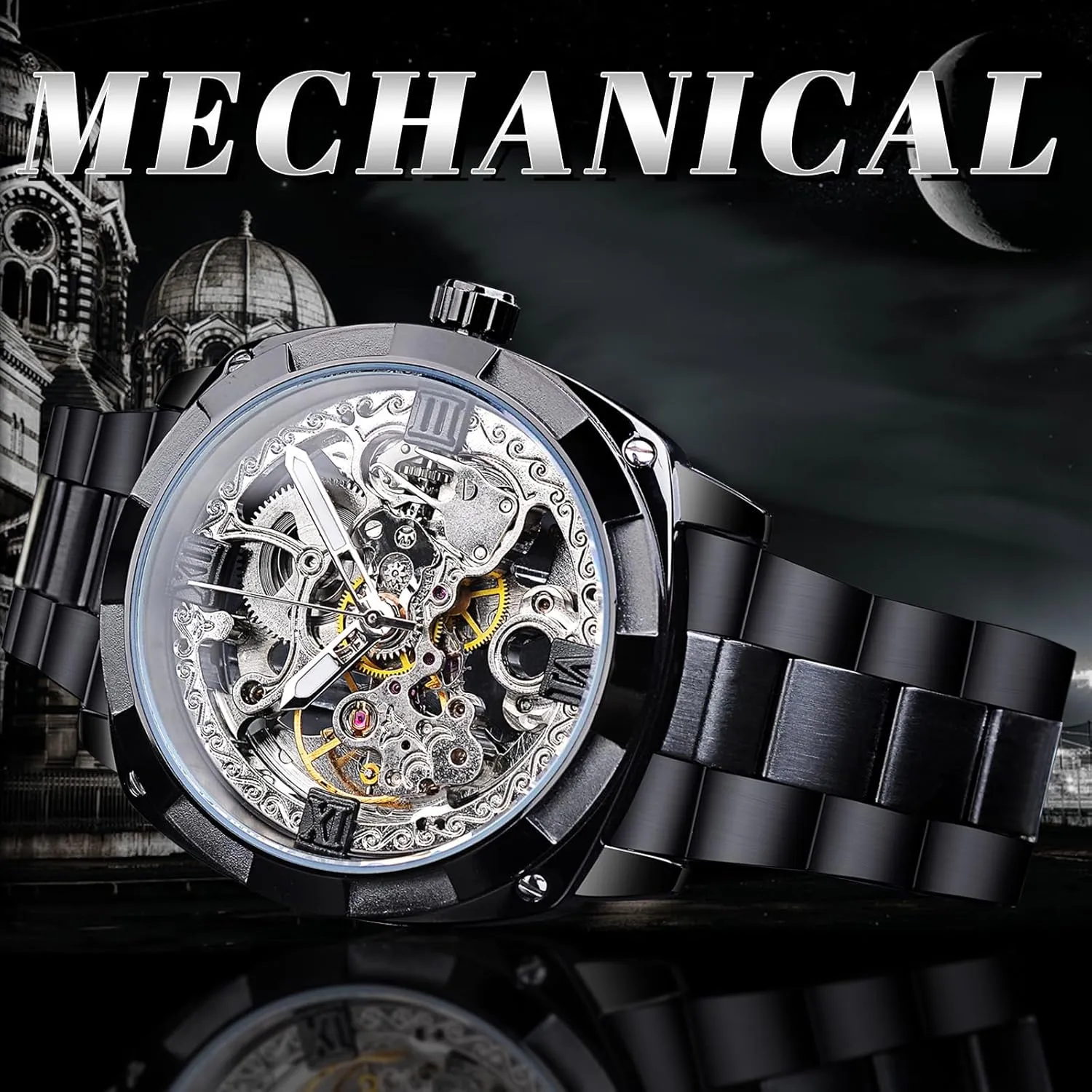 Men Watches FORSINING Men's Luxury Skeleton Watch, Carving Hollow 41mm Big Dial with Square Bezel Wristwatch, weaken Self-wind Automatic Mechanical 