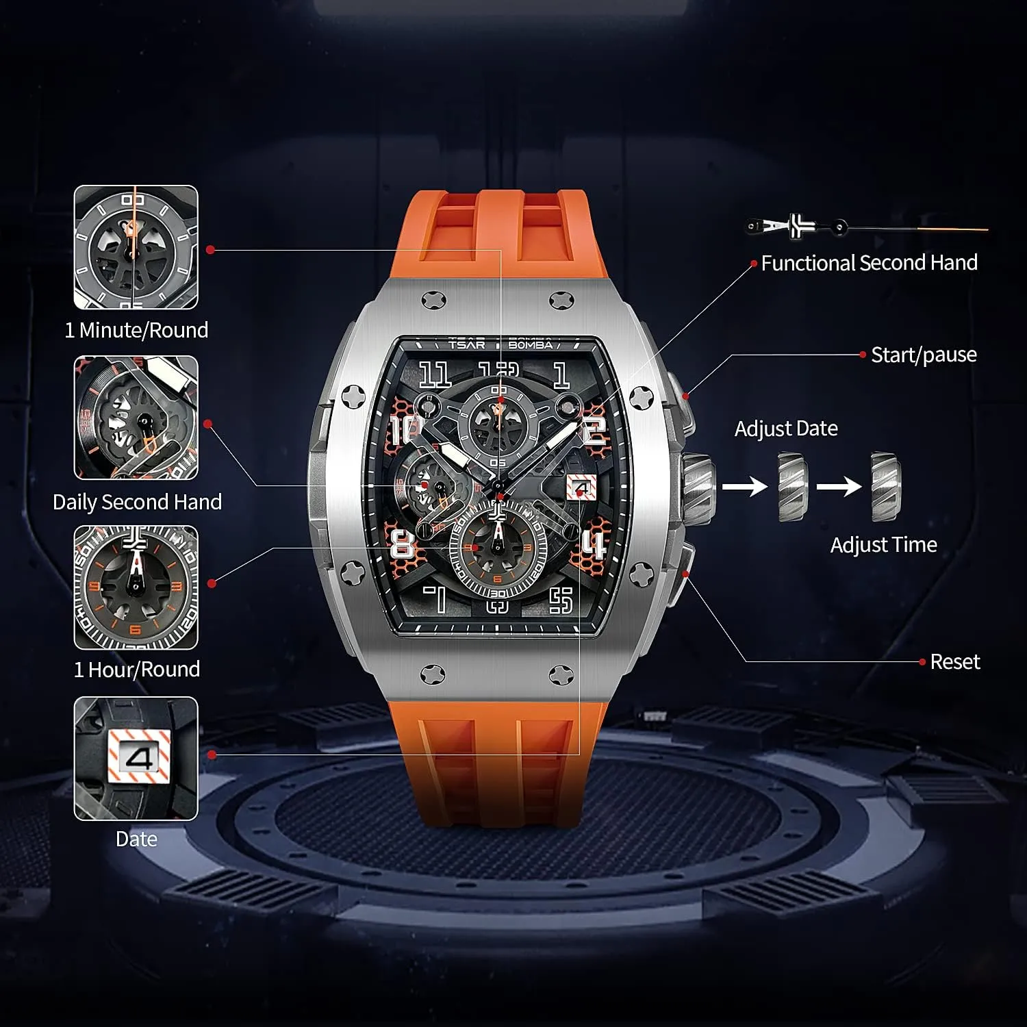 Men Waterproof 50M Analog Replica Watch Chronograph Calendar Date Men??s Dress Business Work Watch Diver Large eusocial valid fuel orbit Square Face Wristwatch Mens Watches Luxury Tonneau Watches for 