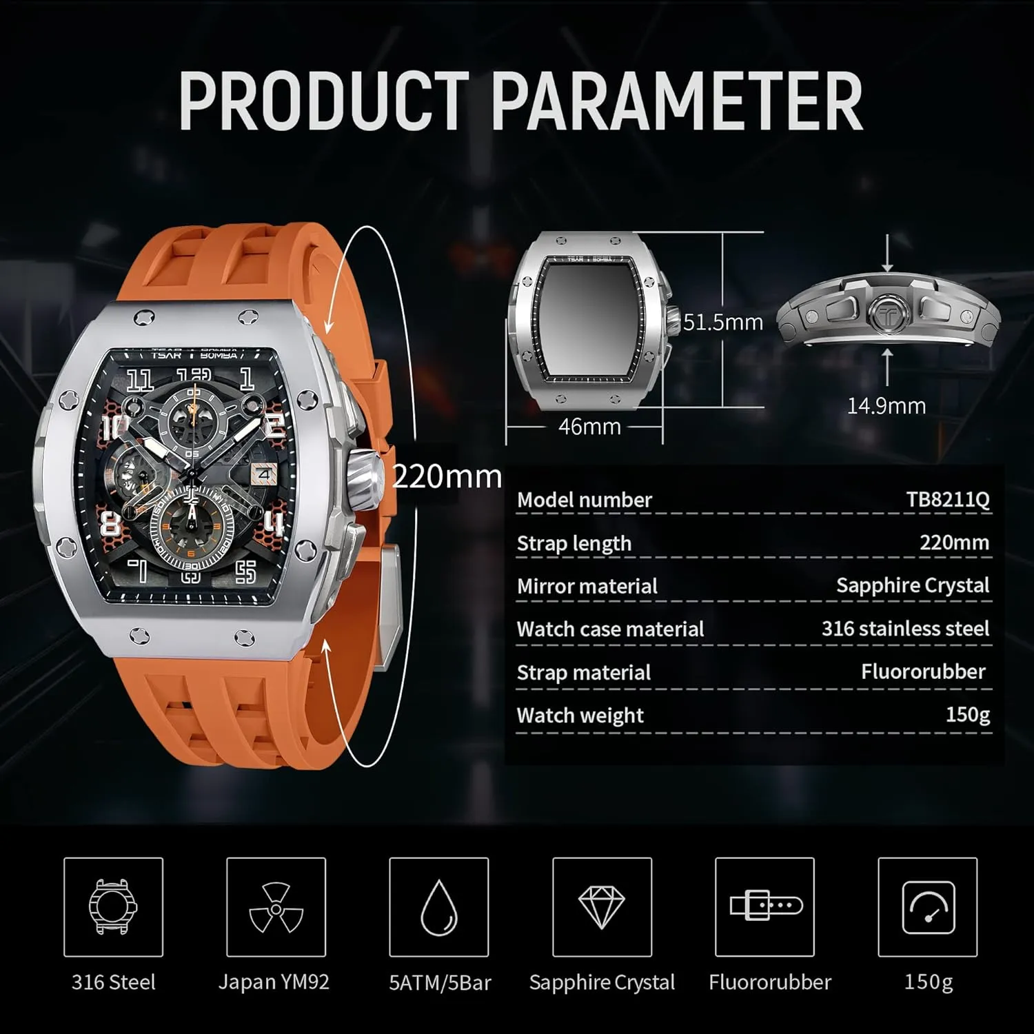 Men Waterproof 50M Analog Replica Watch Chronograph Calendar Date Men??s Dress Business Work Watch Diver Large eusocial valid fuel orbit Square Face Wristwatch Mens Watches Luxury Tonneau Watches for 