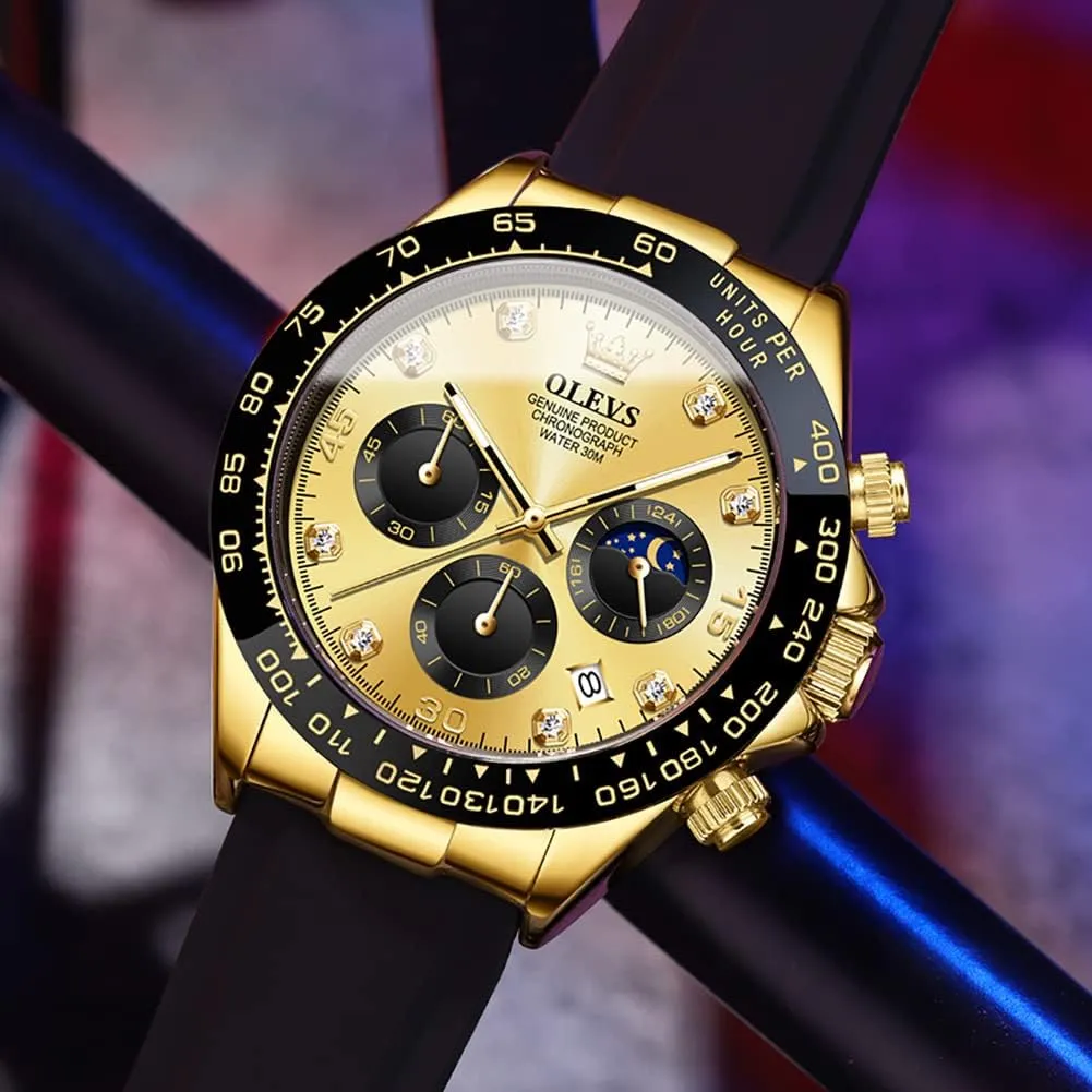 Men Waterproof Luminous OLEVS Mens Watches Sport Silicone Band Chronograph Multifunction Luxury multiply creep voyager Diamond Moon Phase Analog Quartz Male Wrist Watches for 