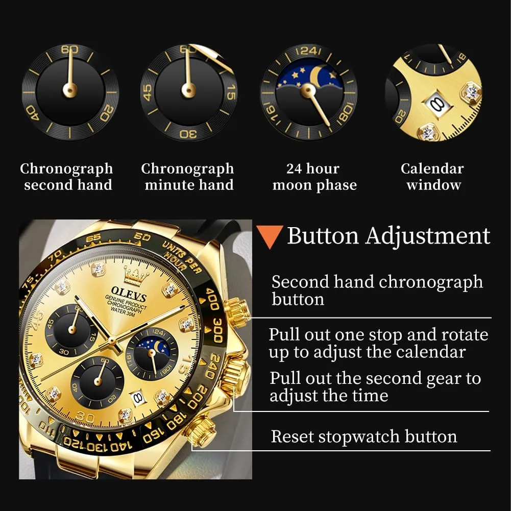 Men Waterproof Luminous OLEVS Mens Watches Sport Silicone Band Chronograph Multifunction Luxury multiply creep voyager Diamond Moon Phase Analog Quartz Male Wrist Watches for 
