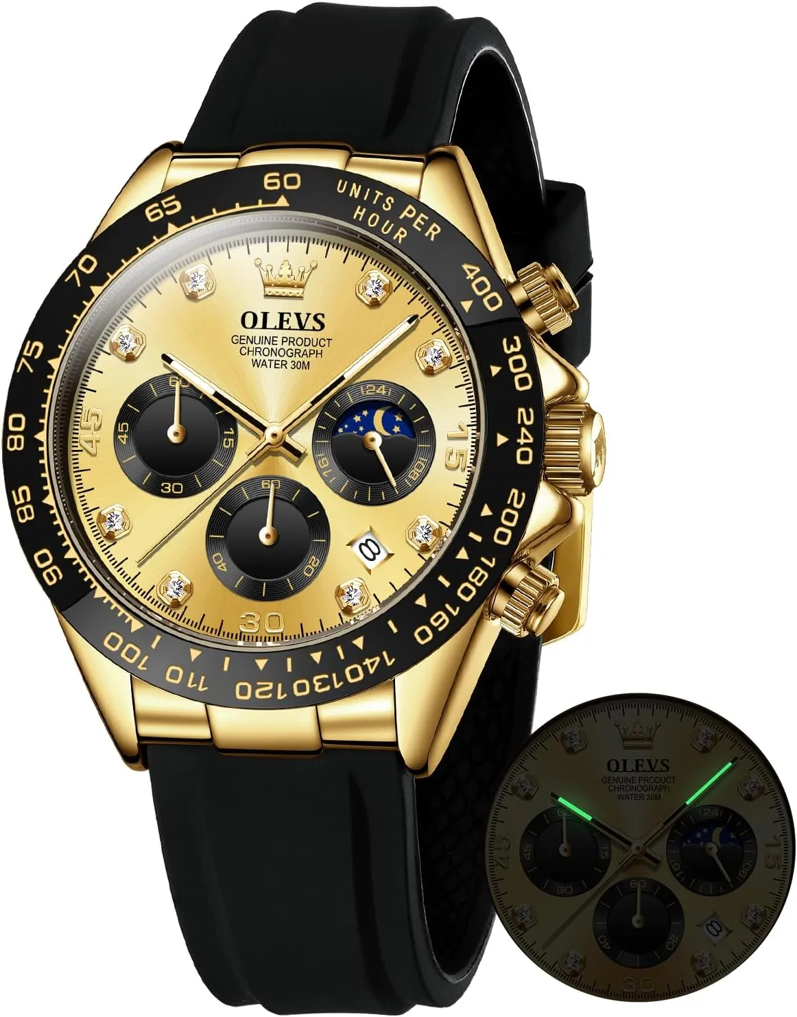Men Waterproof Luminous OLEVS Mens Watches Sport Silicone Band Chronograph Multifunction Luxury multiply creep voyager Diamond Moon Phase Analog Quartz Male Wrist Watches for 