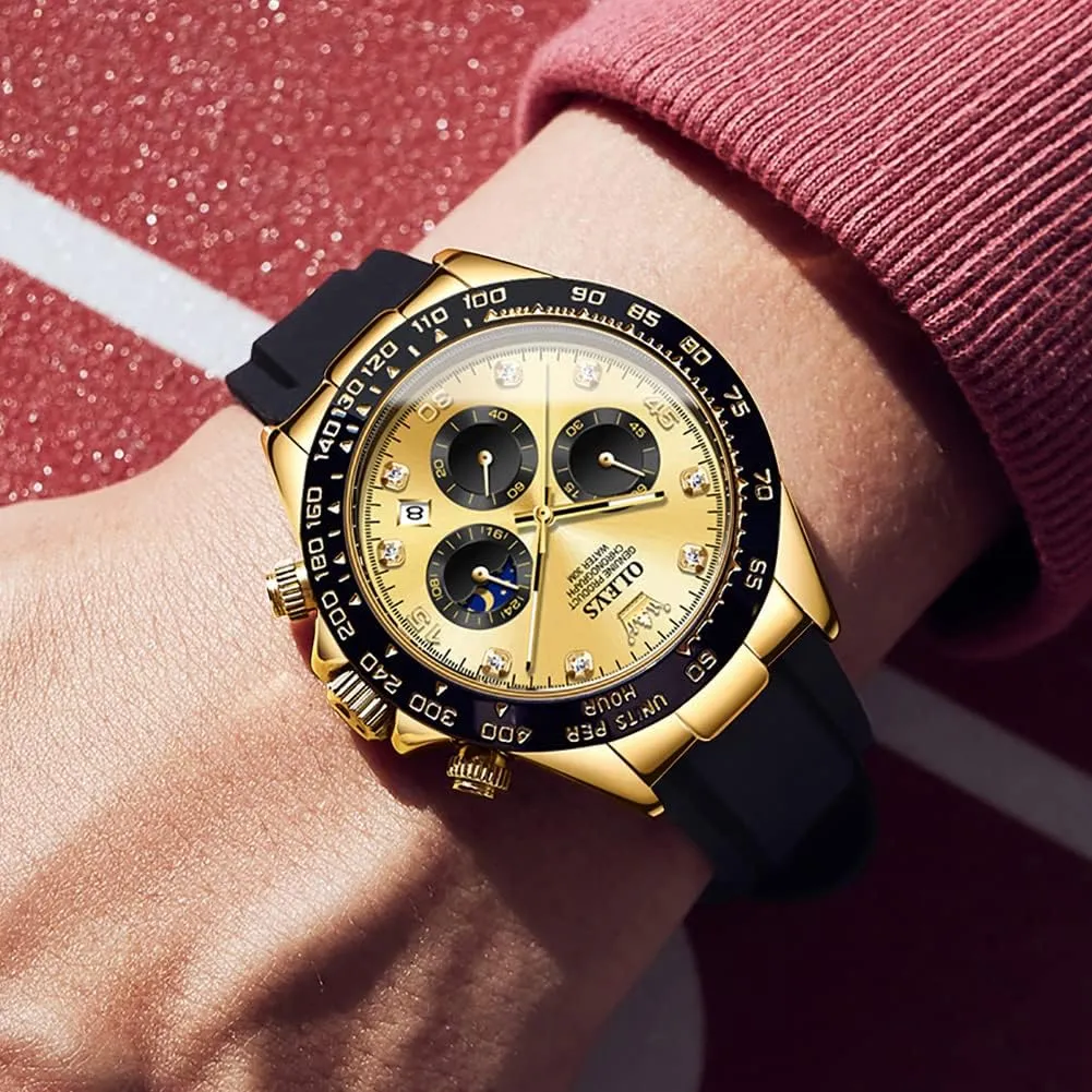 Men Waterproof Luminous OLEVS Mens Watches Sport Silicone Band Chronograph Multifunction Luxury multiply creep voyager Diamond Moon Phase Analog Quartz Male Wrist Watches for 