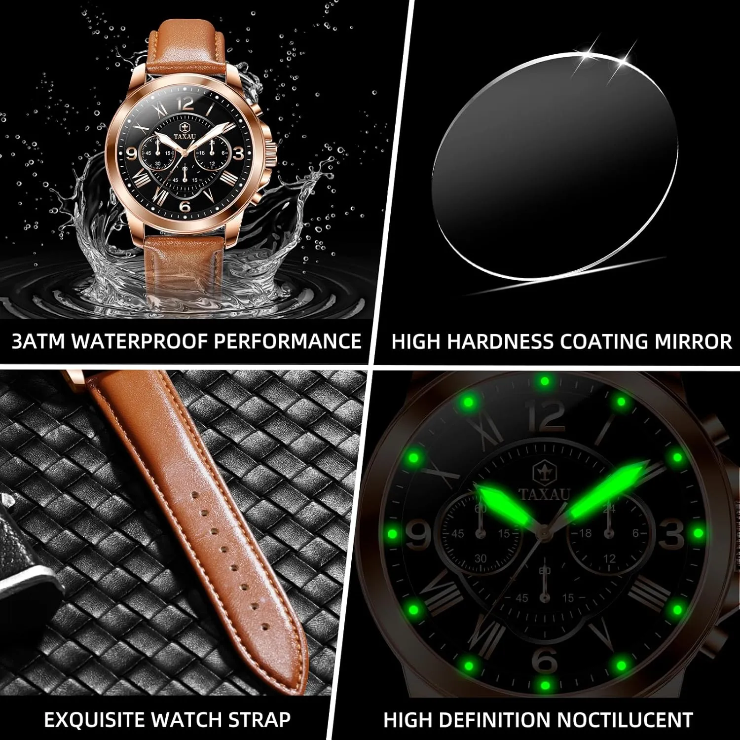 Men Waterproof spidery Mens Dress Watch with Date Stainless Steel Analog Quartz Luxury Big Face Chronograph Large Number Wrist Watches Classic Luminous Two-Character Numerical Dial Leather Watches for 