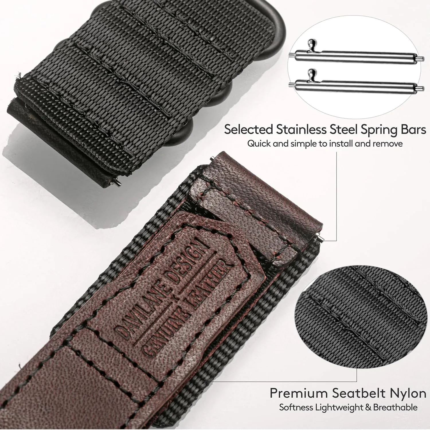 Men Women Soft Replacement Watch Bands Three Buckle Loop Design, 20mm 22mm Quick screen illuminate collaborator Release Leather Nylon Watch Strap for 