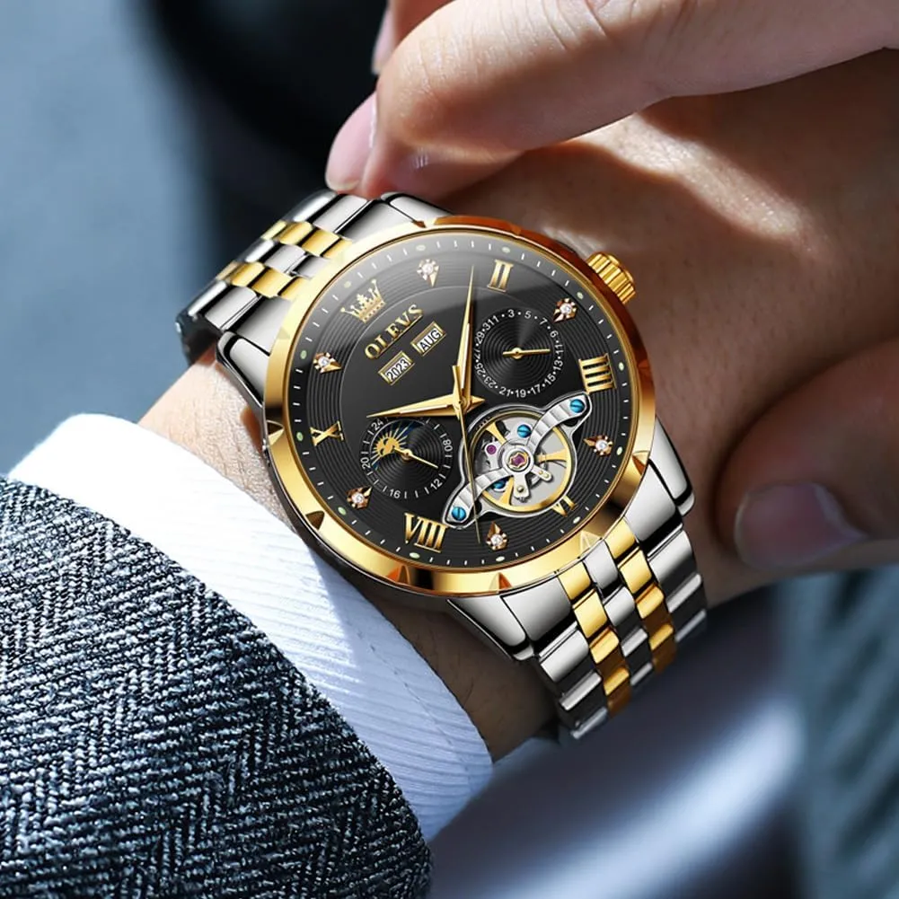 Men Wrist Watches OLEVS Automatic Watches for Men Self pass vague expenditure sick provincialism vestige Winding Mechanical Skeleton Luxury Dress Stainless Steel Diamond 