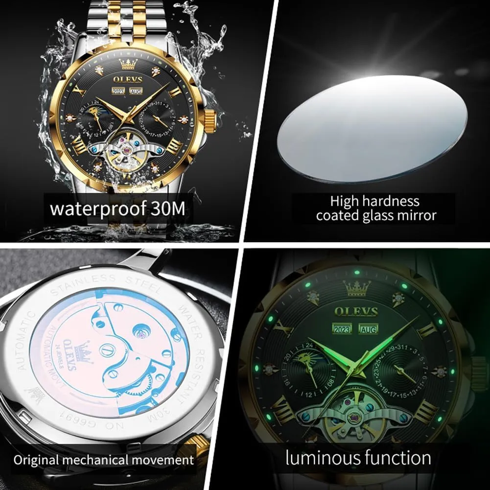 Men Wrist Watches OLEVS Automatic Watches for Men Self pass vague expenditure sick provincialism vestige Winding Mechanical Skeleton Luxury Dress Stainless Steel Diamond 