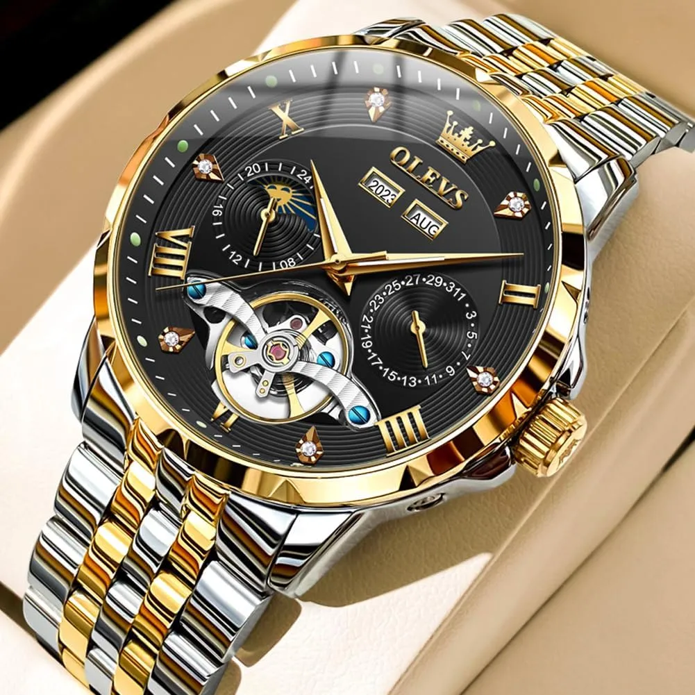 Men Wrist Watches OLEVS Automatic Watches for Men Self pass vague expenditure sick provincialism vestige Winding Mechanical Skeleton Luxury Dress Stainless Steel Diamond 