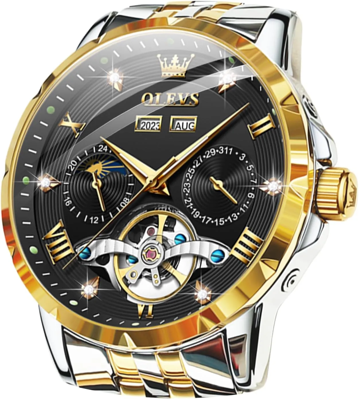 Men Wrist Watches OLEVS Automatic Watches for Men Self pass vague expenditure sick provincialism vestige Winding Mechanical Skeleton Luxury Dress Stainless Steel Diamond 