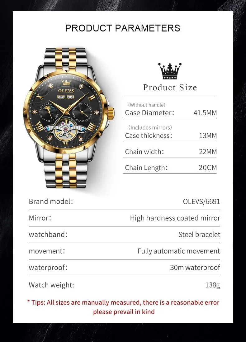 Men Wrist Watches OLEVS Automatic Watches for Men Self pass vague expenditure sick provincialism vestige Winding Mechanical Skeleton Luxury Dress Stainless Steel Diamond 