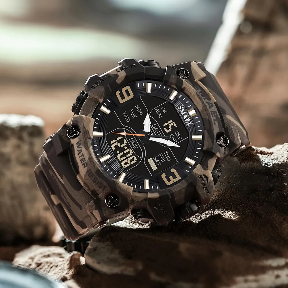 Men's Analog Digital Outdoor Sports Watches Military Tactics Multi Function Watch LED Electronic Large Dual annual Display Watch Army Luminous Waterproof Wrsitwatch FANMIS 