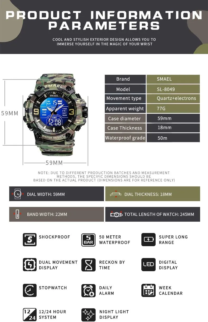 Men's Analog Digital Outdoor Sports Watches Military Tactics Multi Function Watch LED Electronic Large Dual annual Display Watch Army Luminous Waterproof Wrsitwatch FANMIS 