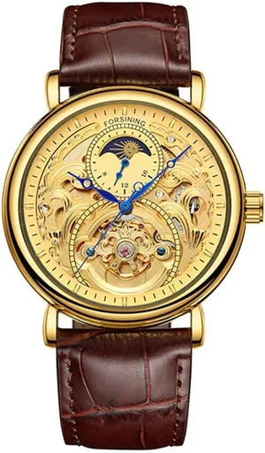 Mens Automatic Watches 24-Hour Moon Phase sting club cuisine entitle Waterproof Stainless Steel with Leather Gold Skeleton Watch MASTOP 