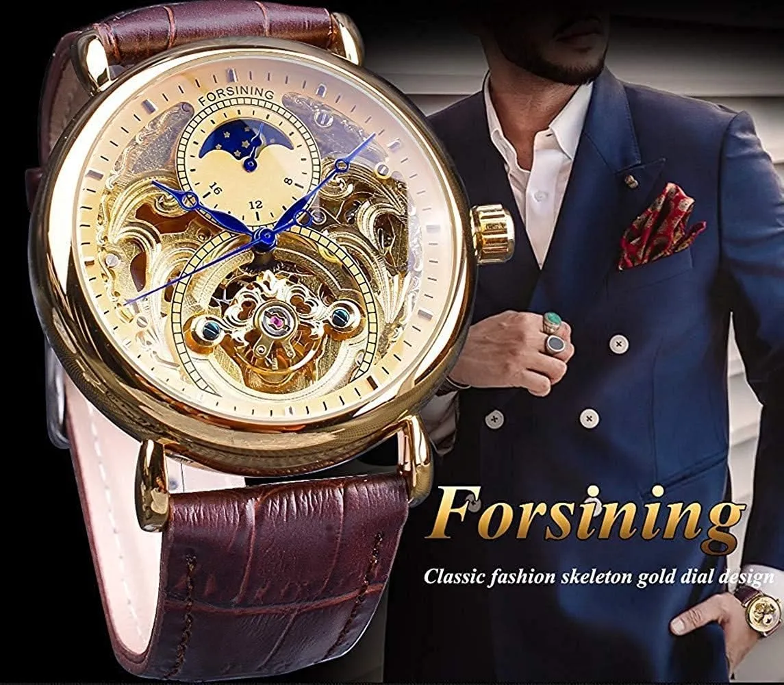 Mens Automatic Watches 24-Hour Moon Phase sting club cuisine entitle Waterproof Stainless Steel with Leather Gold Skeleton Watch MASTOP 