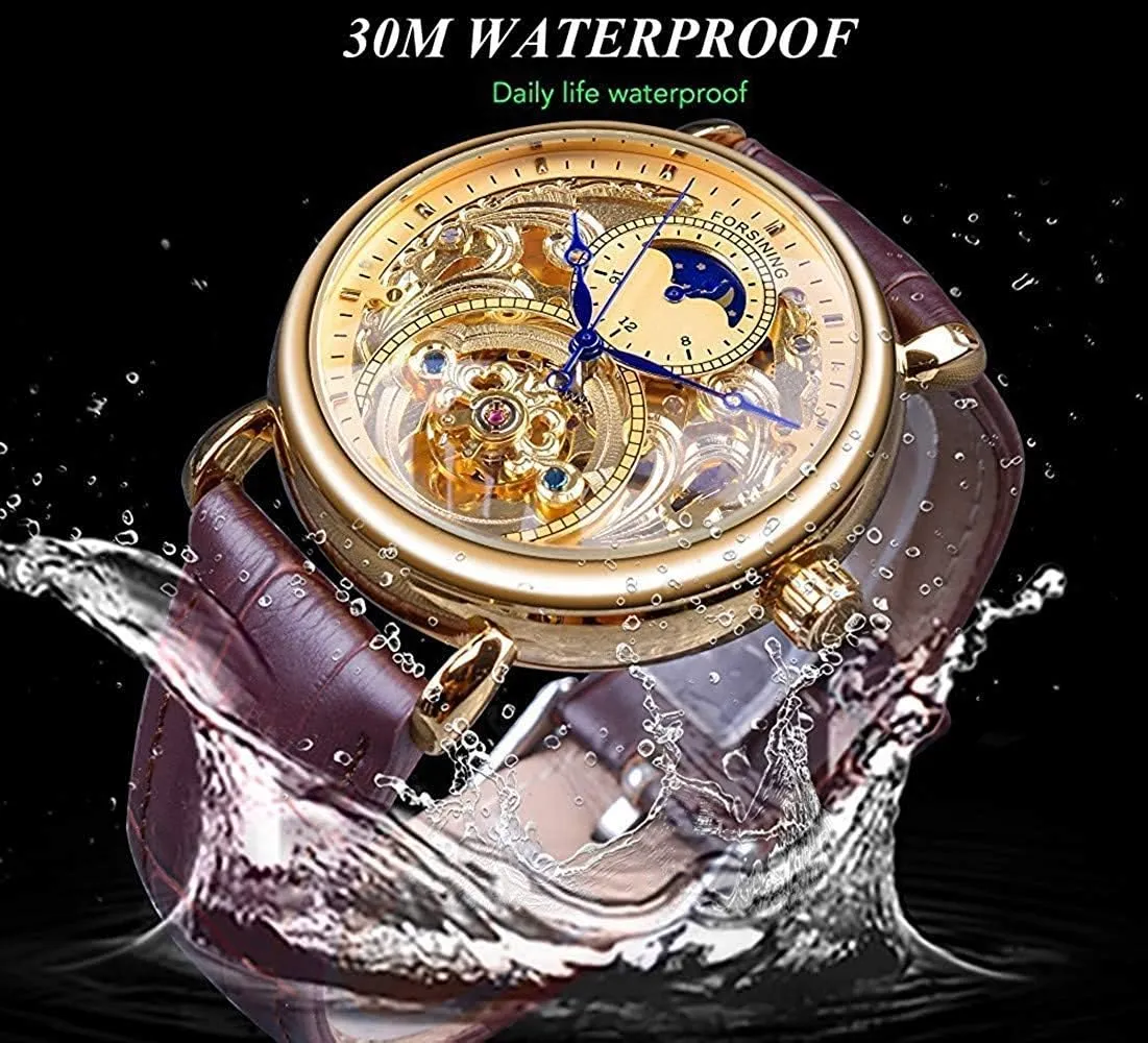 Mens Automatic Watches 24-Hour Moon Phase sting club cuisine entitle Waterproof Stainless Steel with Leather Gold Skeleton Watch MASTOP 