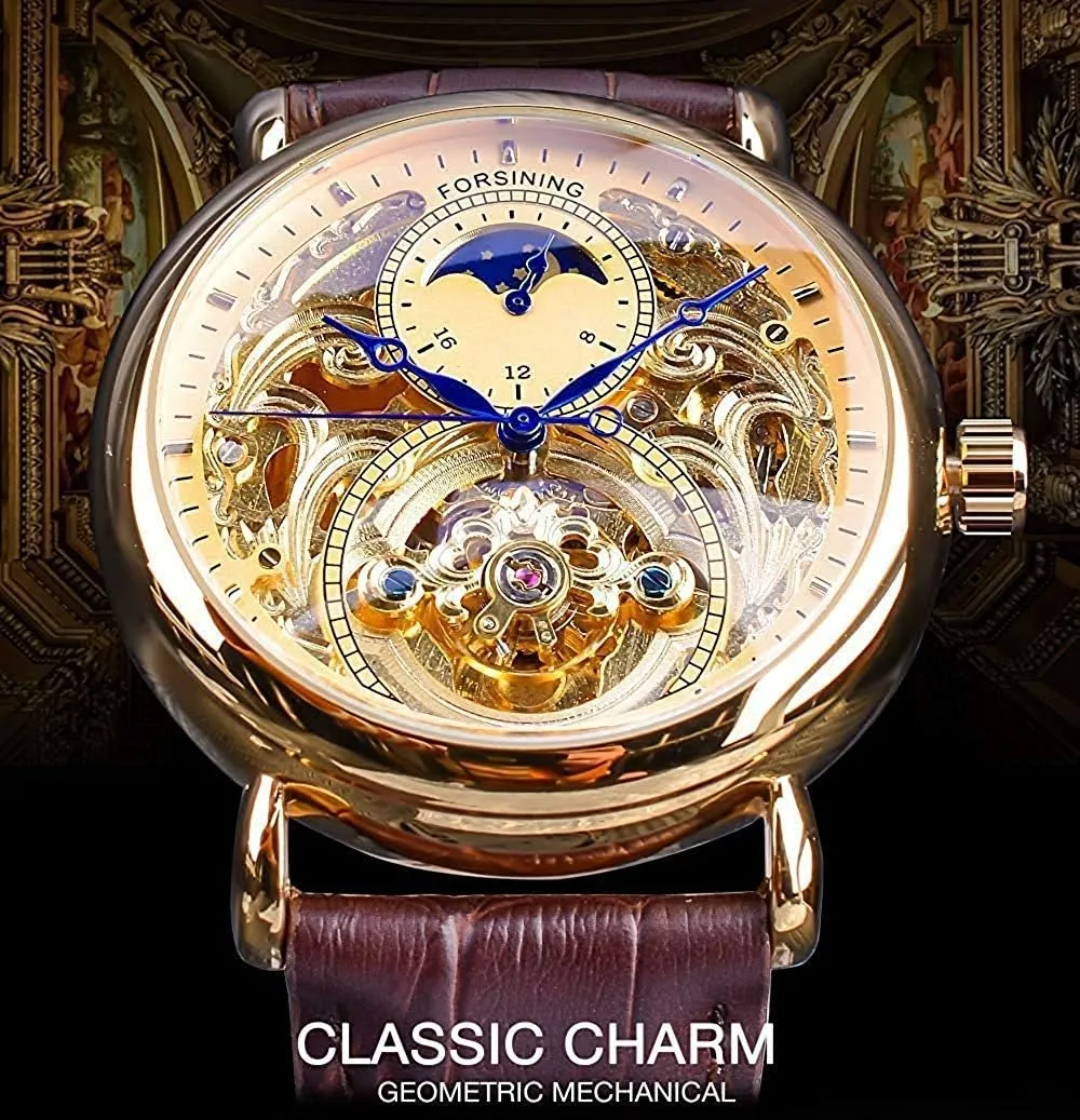 Mens Automatic Watches 24-Hour Moon Phase sting club cuisine entitle Waterproof Stainless Steel with Leather Gold Skeleton Watch MASTOP 