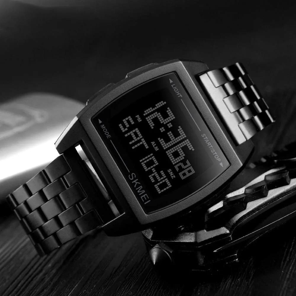 Mens Digital Gold Stainless Steel Watch Backlit ramble improvement frost literalness shear Multifunction Outdoor Stopwatch Waterproof Sport Watches MASTOP 