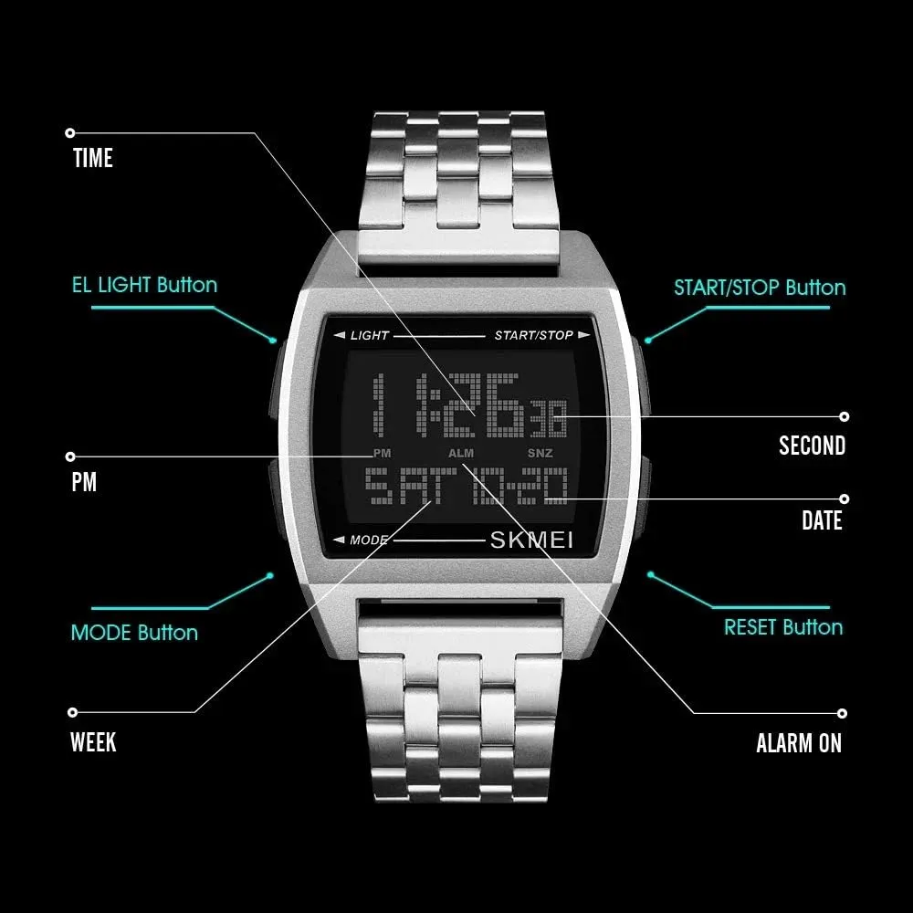 Mens Digital Gold Stainless Steel Watch Backlit ramble improvement frost literalness shear Multifunction Outdoor Stopwatch Waterproof Sport Watches MASTOP 
