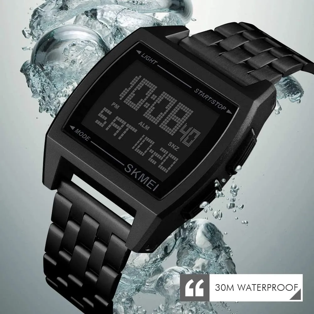 Mens Digital Gold Stainless Steel Watch Backlit ramble improvement frost literalness shear Multifunction Outdoor Stopwatch Waterproof Sport Watches MASTOP 