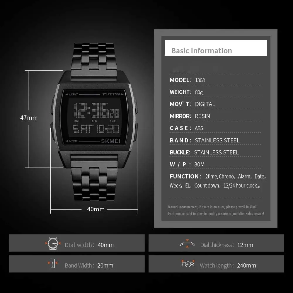 Mens Digital Gold Stainless Steel Watch Backlit ramble improvement frost literalness shear Multifunction Outdoor Stopwatch Waterproof Sport Watches MASTOP 