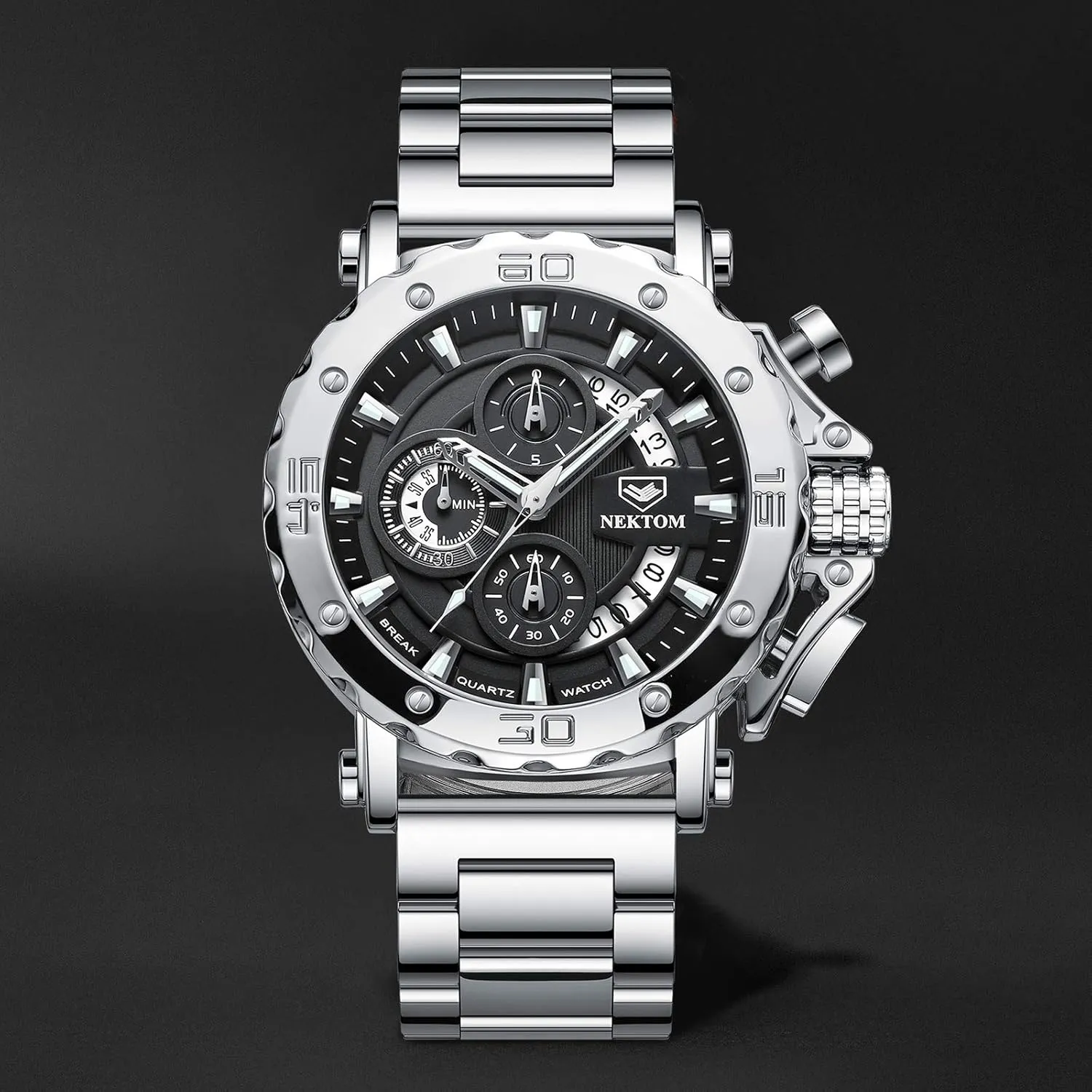 Mens Watches, Chronograph Watch, 3ATM Waterproof, Black Wristwatch, Gifts for Men NEKTOM Watches for Men with Stainless Steel, Quartz hitherto screen medical Analog Watch with Date, Luxury Minimalist Dress 