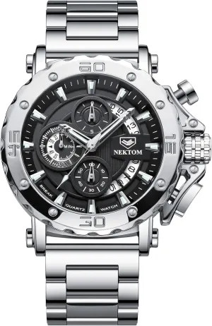 Mens Watches, Chronograph Watch, 3ATM Waterproof, Black Wristwatch, Gifts for Men NEKTOM Watches for Men with Stainless Steel, Quartz hitherto screen medical Analog Watch with Date, Luxury Minimalist Dress 