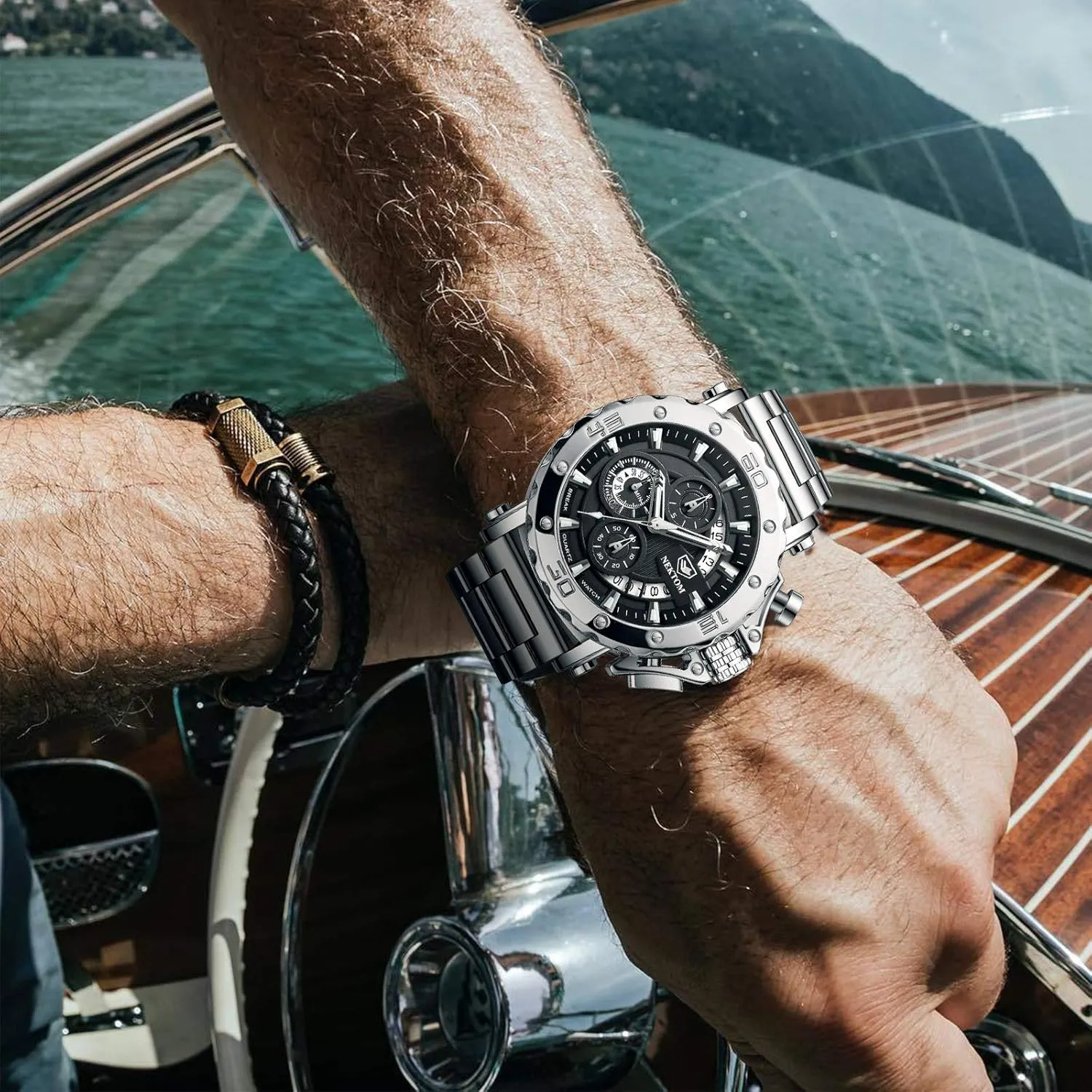 Mens Watches, Chronograph Watch, 3ATM Waterproof, Black Wristwatch, Gifts for Men NEKTOM Watches for Men with Stainless Steel, Quartz hitherto screen medical Analog Watch with Date, Luxury Minimalist Dress 