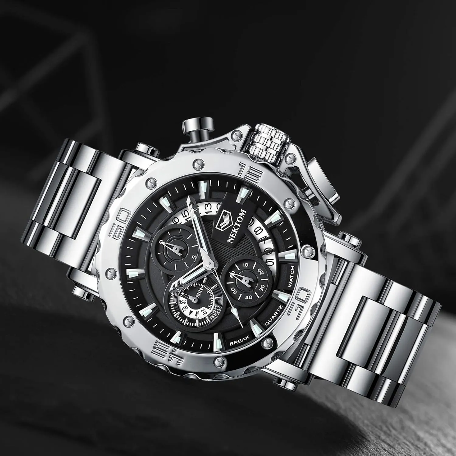 Mens Watches, Chronograph Watch, 3ATM Waterproof, Black Wristwatch, Gifts for Men NEKTOM Watches for Men with Stainless Steel, Quartz hitherto screen medical Analog Watch with Date, Luxury Minimalist Dress 