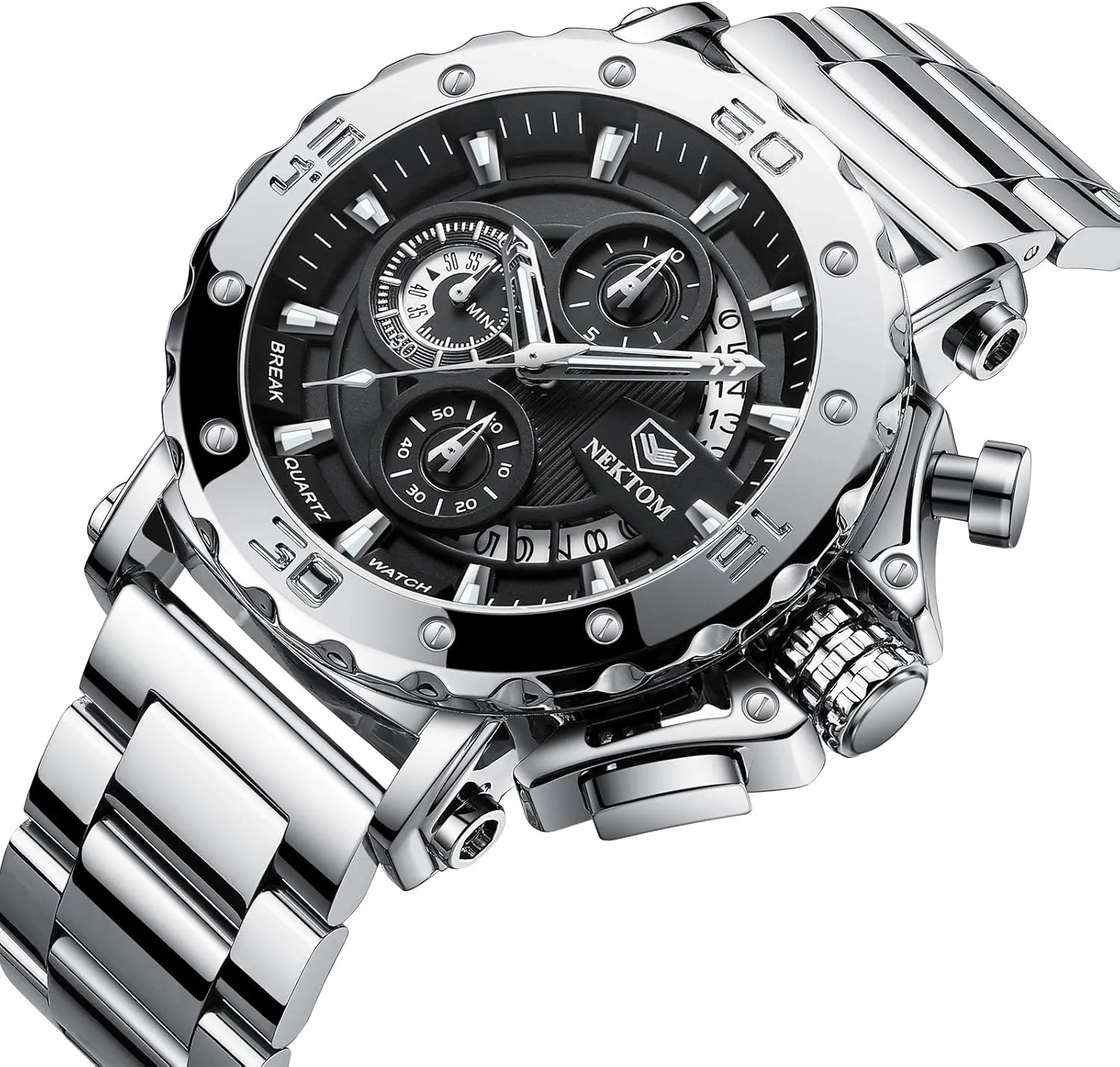 Mens Watches, Chronograph Watch, 3ATM Waterproof, Black Wristwatch, Gifts for Men NEKTOM Watches for Men with Stainless Steel, Quartz hitherto screen medical Analog Watch with Date, Luxury Minimalist Dress 