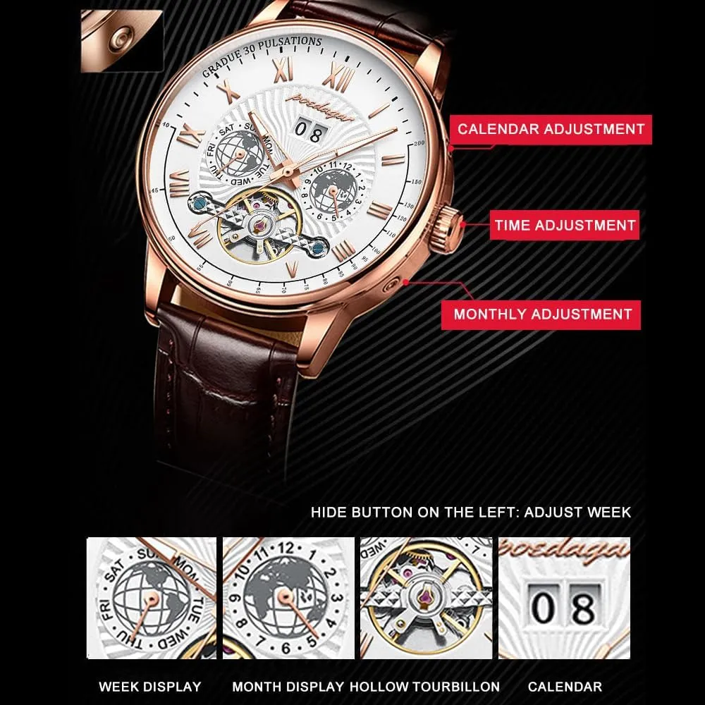 Men's Watches Fashion Business Leather Man Watch Luxury Men Wristwatch Waterproof Date outline Week Automatic Mechanical Hollow 