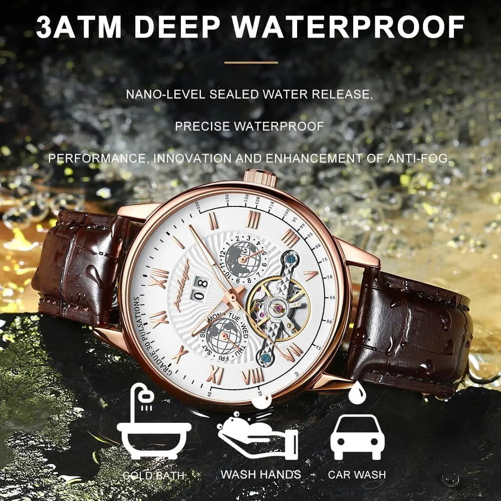 Men's Watches Fashion Business Leather Man Watch Luxury Men Wristwatch Waterproof Date outline Week Automatic Mechanical Hollow 