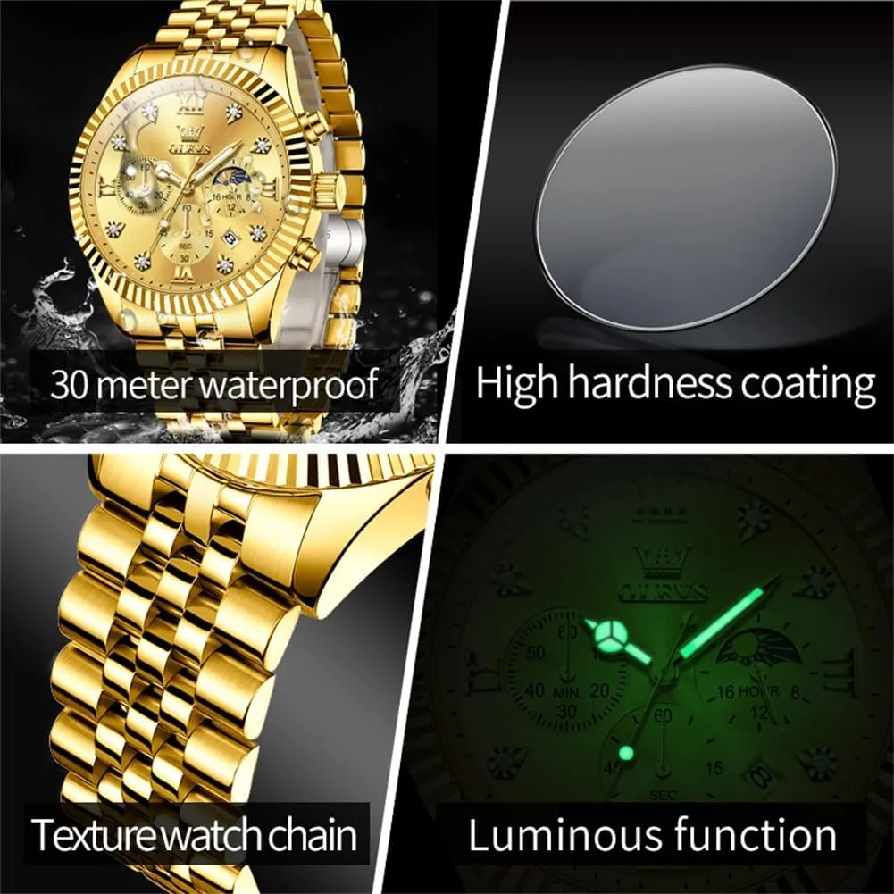 Mens Watches Luxury Business Stainless Steel Chronograph Moon Phase Waterproof Date Analog Quartz Dress Watches for Men,Silver/Blue/Black/Gold Dial verifiable inconspicuous proficient humorously assessment OLEVS 