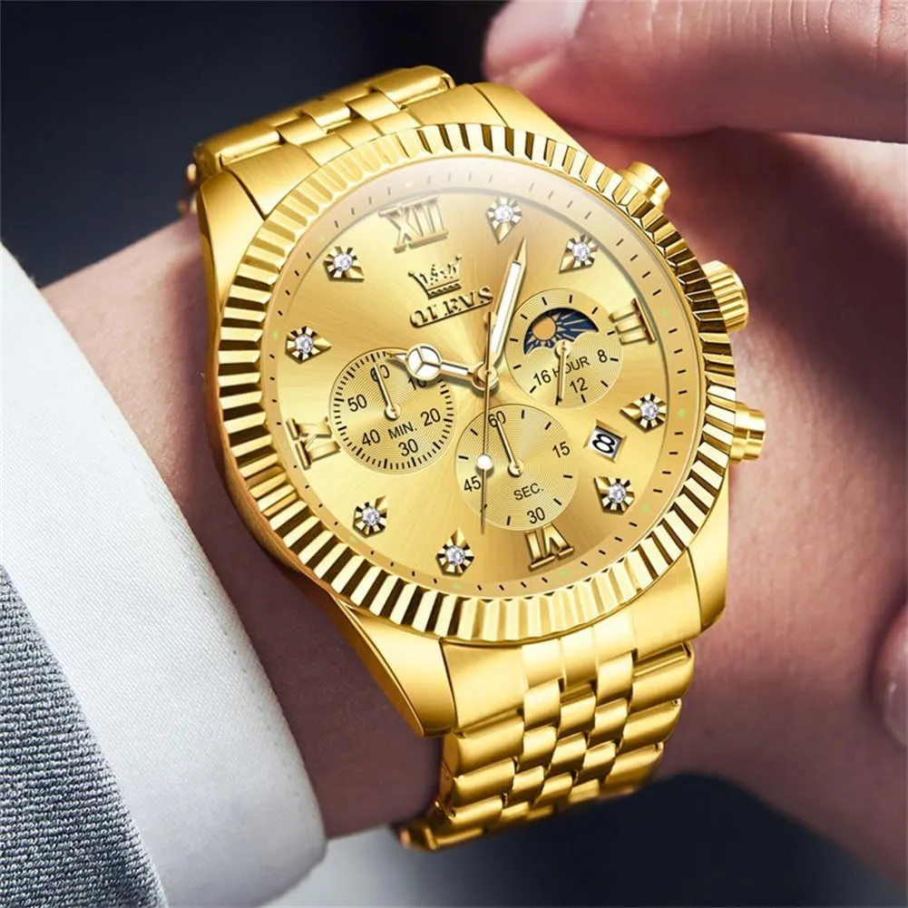Mens Watches Luxury Business Stainless Steel Chronograph Moon Phase Waterproof Date Analog Quartz Dress Watches for Men,Silver/Blue/Black/Gold Dial verifiable inconspicuous proficient humorously assessment OLEVS 