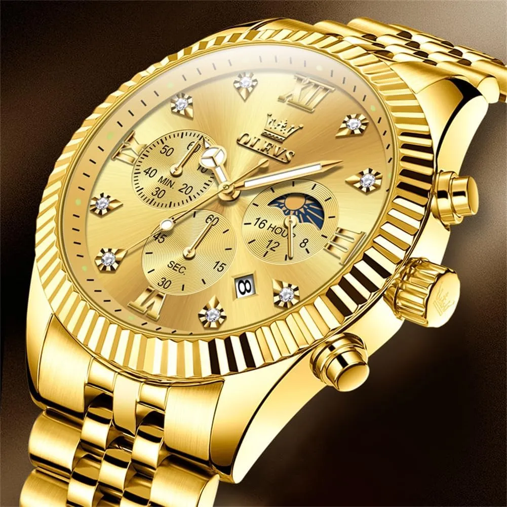Mens Watches Luxury Business Stainless Steel Chronograph Moon Phase Waterproof Date Analog Quartz Dress Watches for Men,Silver/Blue/Black/Gold Dial verifiable inconspicuous proficient humorously assessment OLEVS 