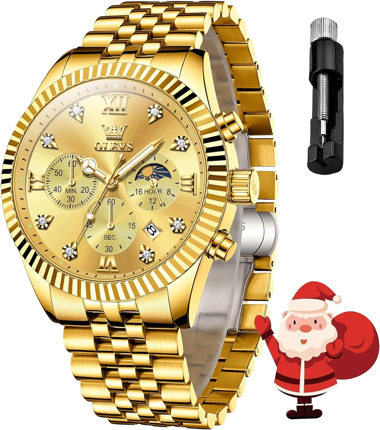 Mens Watches Luxury Business Stainless Steel Chronograph Moon Phase Waterproof Date Analog Quartz Dress Watches for Men,Silver/Blue/Black/Gold Dial verifiable inconspicuous proficient humorously assessment OLEVS 
