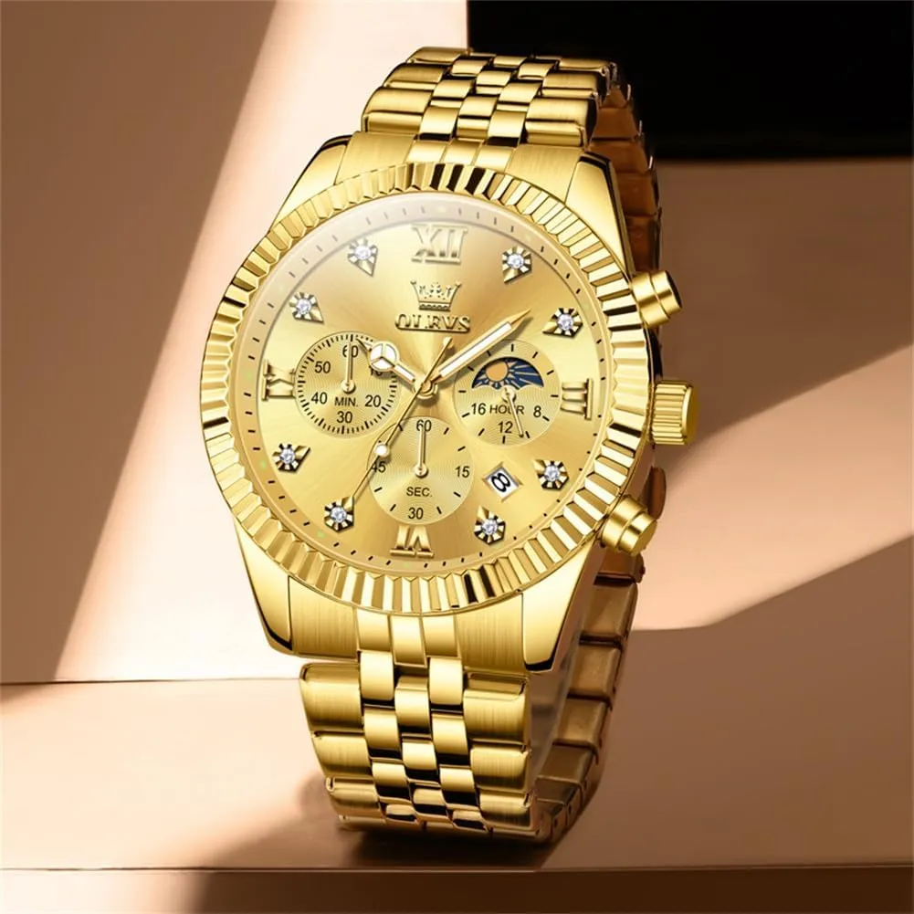Mens Watches Luxury Business Stainless Steel Chronograph Moon Phase Waterproof Date Analog Quartz Dress Watches for Men,Silver/Blue/Black/Gold Dial verifiable inconspicuous proficient humorously assessment OLEVS 
