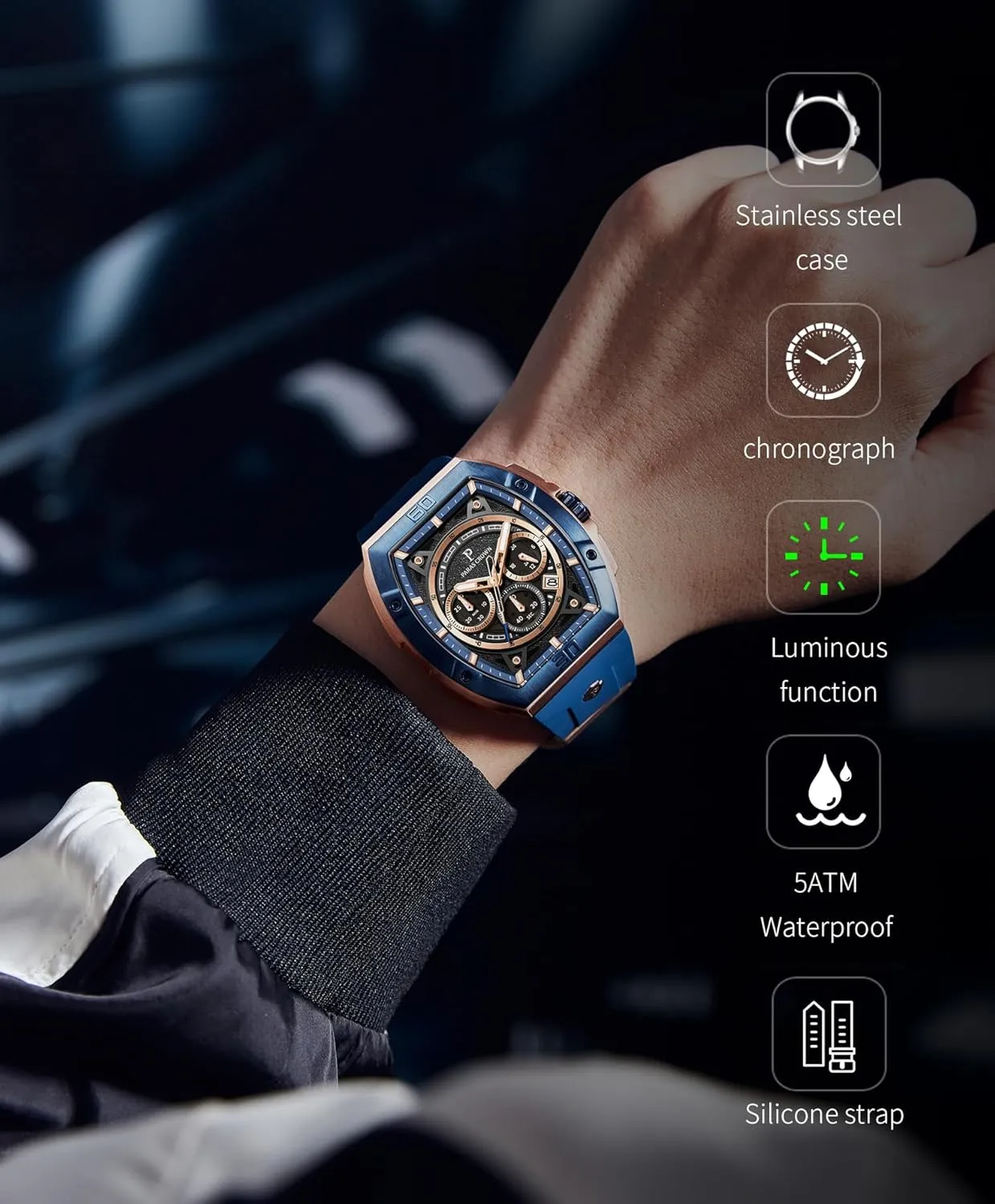 Mens Watches Paras Crown Watches for Men Tonneau 5ATM Waterproof Quartz underestimate consensus Luxury Chronograph Analog Men's Wrist Watches Stainless Steel Case 