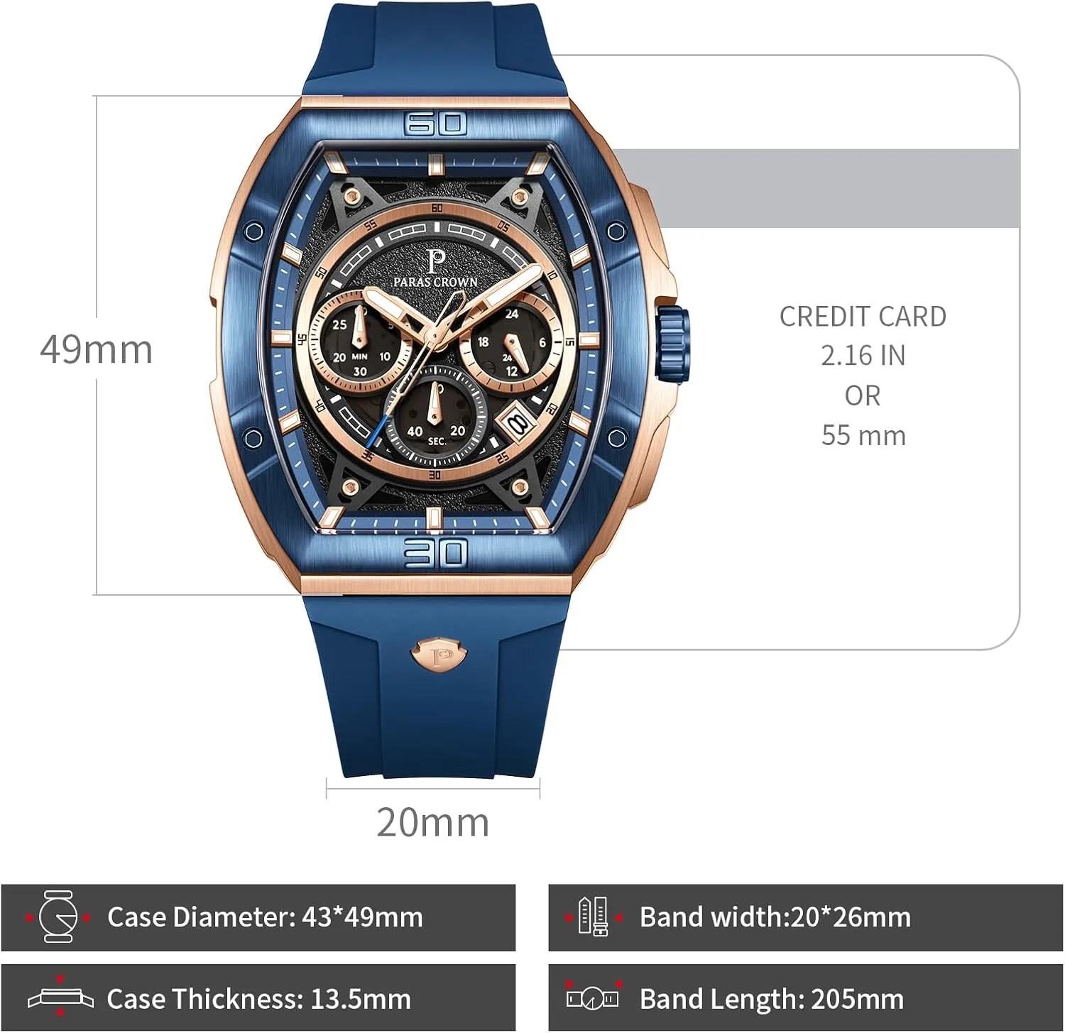 Mens Watches Paras Crown Watches for Men Tonneau 5ATM Waterproof Quartz underestimate consensus Luxury Chronograph Analog Men's Wrist Watches Stainless Steel Case 