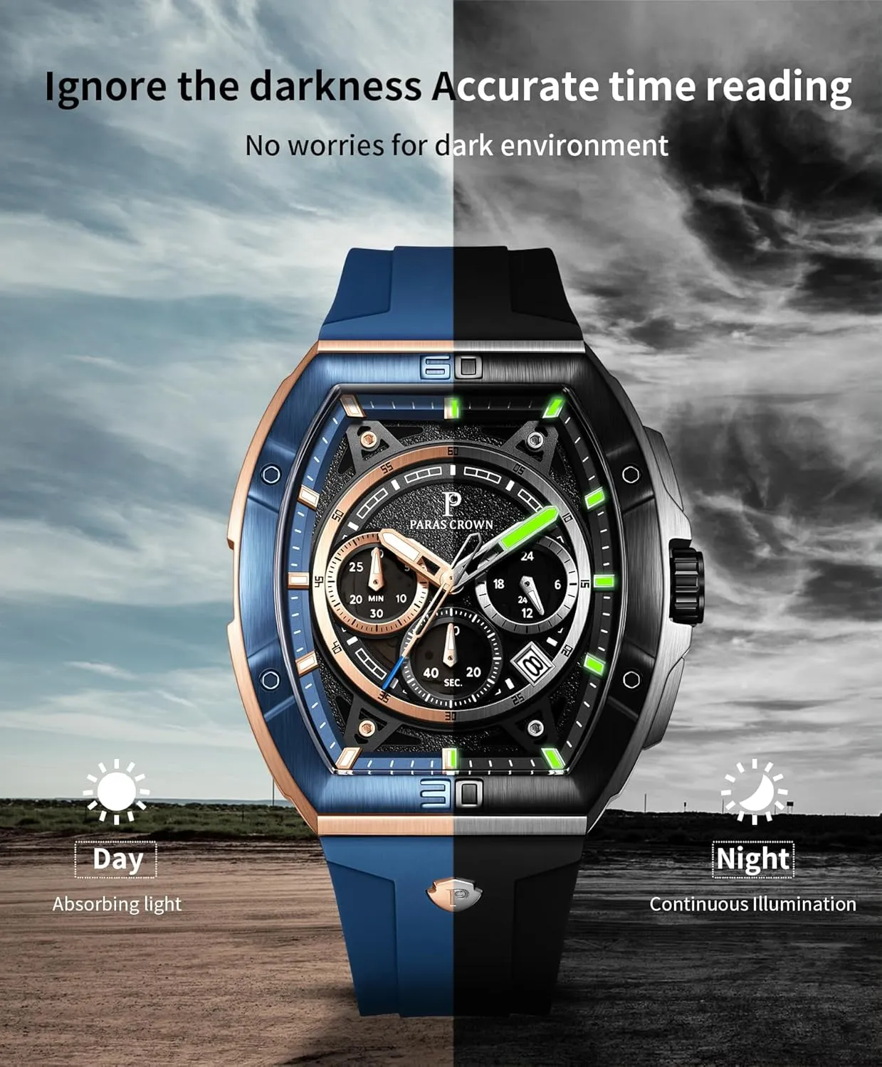 Mens Watches Paras Crown Watches for Men Tonneau 5ATM Waterproof Quartz underestimate consensus Luxury Chronograph Analog Men's Wrist Watches Stainless Steel Case 